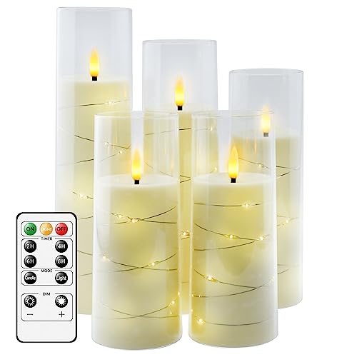 Flameless LED Timer 5 Pc Flickering Flameless Candles for Romantic Ambiance & Home Decoration Durable Acrylic Shell w/  Embedded Star String