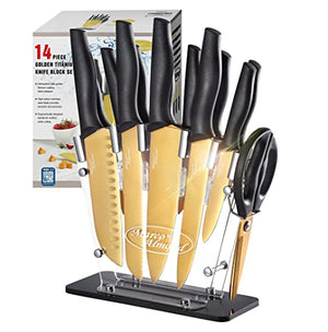  Black and Gold Knife Set with Block - 14 Piece Gold