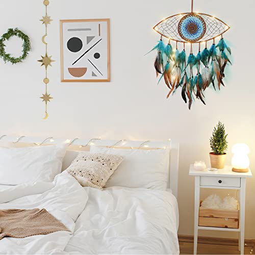 Evil Eye Dream Catcher with Fairy Lights, Blue Brown Dream Catchers for Bedroom, Evil Eye Wall Hanging