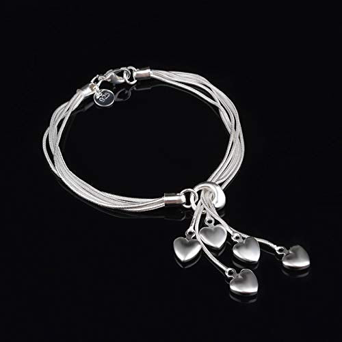 925 Sterling Silver Five-Line Chain with Five-Heart Bracelet Bangle