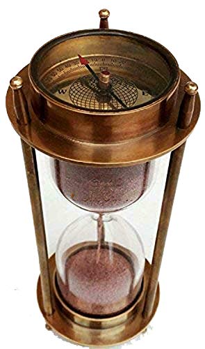 7" Nautical Brass Sand Timer Hourglass w/ Maritime Brass Compass Table Decoation