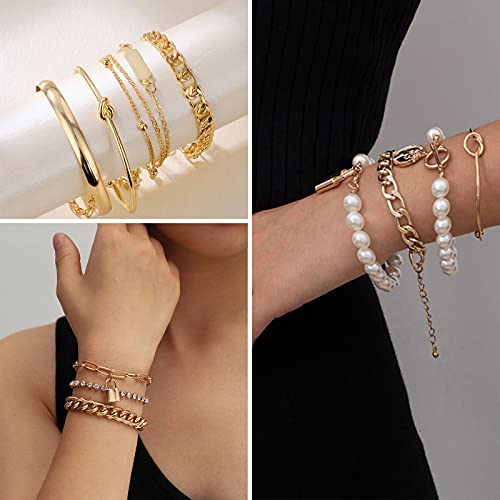 36 PCS Gold Plated Jewelry Set w/ 4 PCS Necklace, 11 PCS Bracelet, 7 PCS Ear Cuffs Earring, 14 Pcs Knuckle Rings for Women