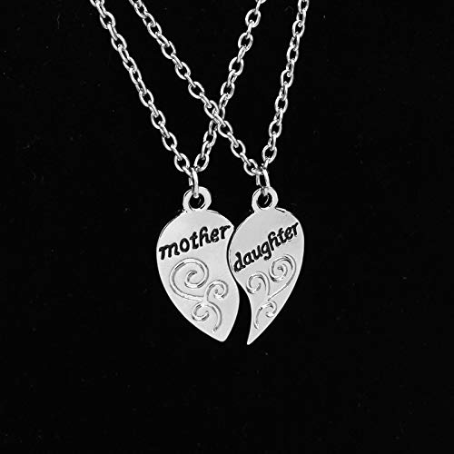 2 Pieces Silver Pendants Necklace Heart Mother& Daughter