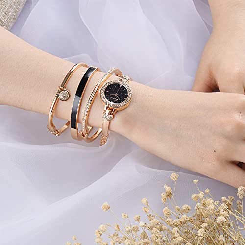 Elegant Rose Gold/Silver Watch & 3 Bracelets Set for Women