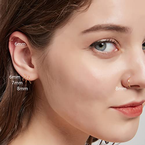 3 Pairs 14k Gold Plated Sterling Silver Small Hoop Earrings Set for Women Cartilage Nose Septum Helix Tragus Rings