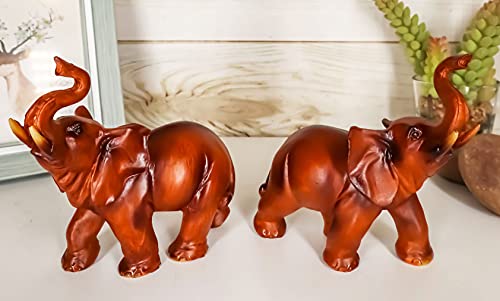 Faux Wood Feng Shui Elephant w/ Trunk Up Statue Set of 2 for Home Decoration