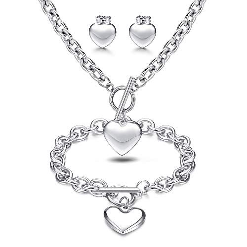 3Sets Heart Pendant Necklace Toggle Chain Heart Bracelet Heart Stud Earrings for Women