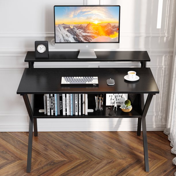 Small Computer Desk, 27.5 inch Home Office Study Writing Table with Monitor Storage Shelf, Modern Simple Style, Black