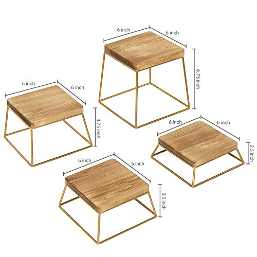 Burnt Wood & Gold Metal Wire Square Food Display Risers, Set of 4