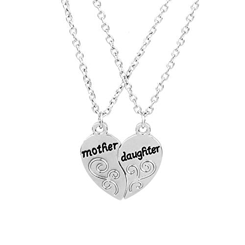 2 Pieces Silver Pendants Necklace Heart Mother& Daughter