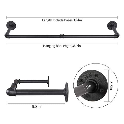 Industrial Pipe Clothes Rack 38.4", Heavy Duty Detachable Wall Mounted Black Iron Garment Bar (Two Base)