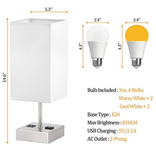 Touch Control Bedside Lamp, USB w/ 4 Bulbs,3 Way Dimmable w/ 2 USB Ports & AC Outlet