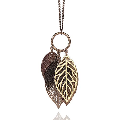 Two Tone Filigree Fall Leaf Pendant Long Necklace for Women