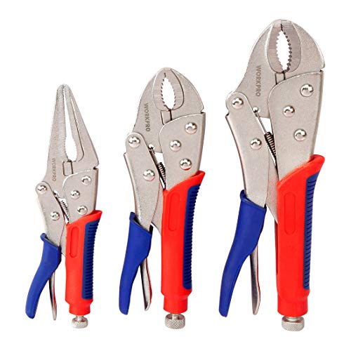 3-piece Locking Pliers Set, 10-inch Curved Jaw, 7-inch Curved Jaw & 6-1/2-inch Straight Jaw