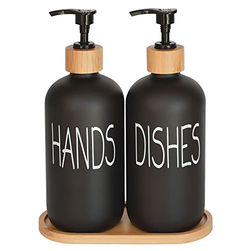 Glass Soap Dispenser Set. Hand Soap and Dish Soap Dispenser with Bamboo Tray. Vintage Soap Dispenser