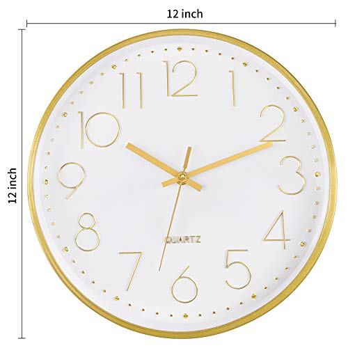 Gold Wall Clock 12 Inch Silent Non-Ticking Battery Operated Round