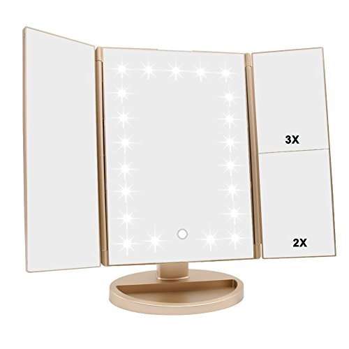 Tri-fold Lighted Vanity Makeup Mirror w/ 3x/2x Magnification, Touch Screen &180 Degree Free Rotation