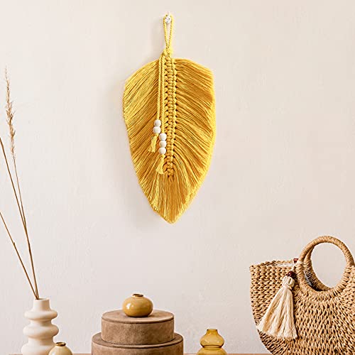 Cotton Macrame Feather Leaf w/  Wooden Beads Wall Decoration