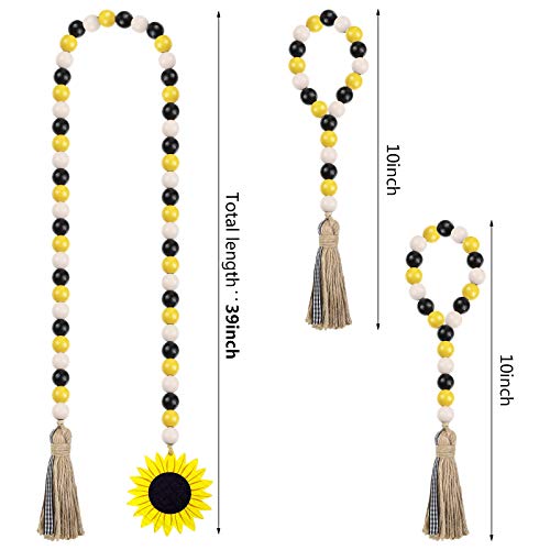 3 Pcs Sunflower Wood Bead Garland w/ Tassels & Sunflower Tag Rustic Farmhouse