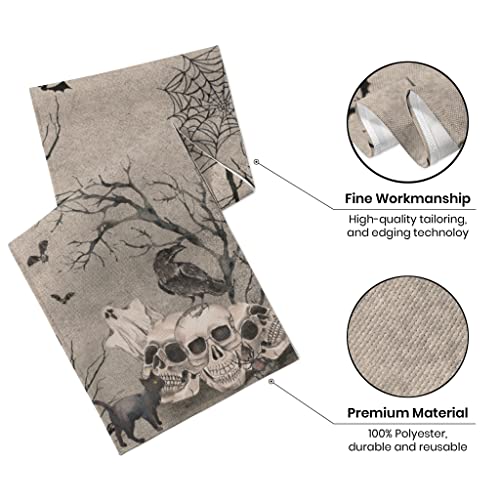 Halloween Table Runner , Vintage Cool Skull Black Cat Dresser Cover Gray Black Skeleton Burlap Day of Dead