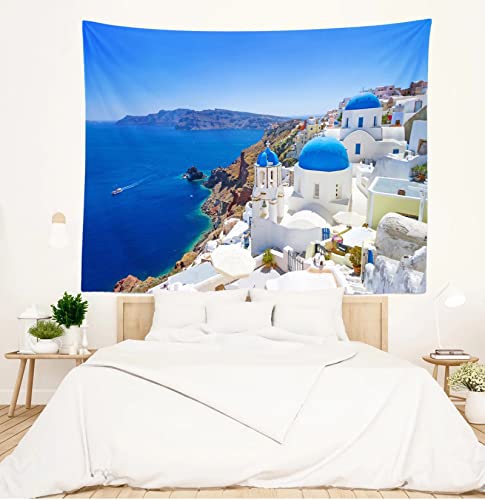 Greece Cityscape Tapestry White Architecture of Oia Village on Santorini Island Wall Decoration