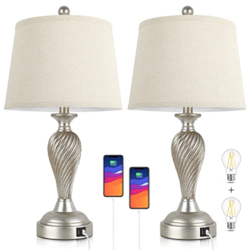 Touch Control 3-Way Dimmable Table Lamps Silver w/ USB, LED Bulbs Included