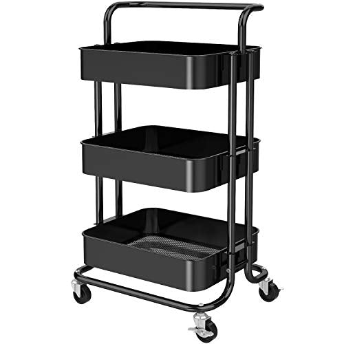 3 Tier Mesh Utility Cart, Rolling Metal Organization Cart w/ Handle and Lockable Wheels