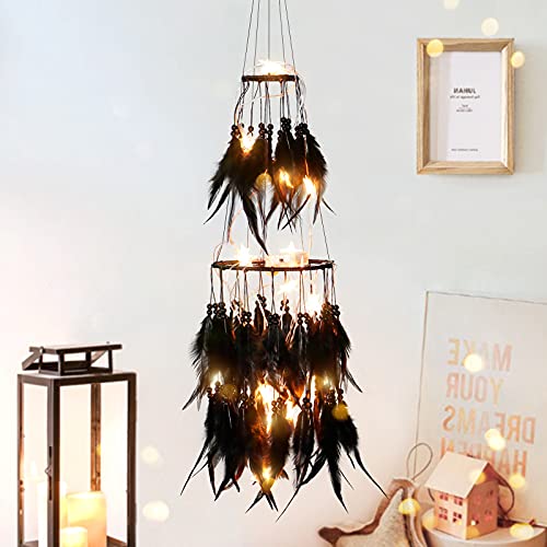 Double Circle Feather Dream Catcher w/ Mobile LED Fairy Lights Wall Ornaments