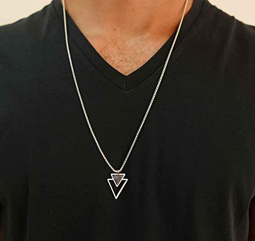 Geometric Stainless Steel Necklace For Men w/ Triangle Pendant - Silver