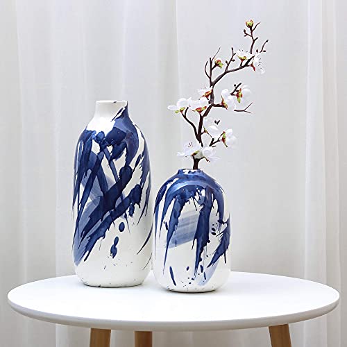 Oriental Blue & White Ceramic Vase Set of 2, Glazed Vases for Home Decoration, 7.2″ & 11.4″ Tall