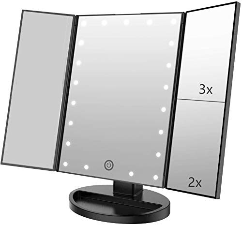 Tri-fold Lighted Vanity Makeup Mirror w/ 3x/2x Magnification, Touch Screen &180 Degree Free Rotation