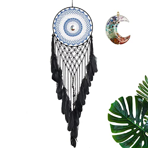 Black Dream Catchers for Bedroom Adult, Large Dream Catcher with Moon Shaped Crystals, Handmade Feather