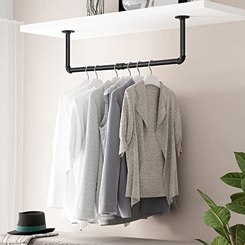 Industrial Pipe Clothes Rack 38.4", Heavy Duty Detachable Wall Mounted Black Iron Garment Bar (Two Base)