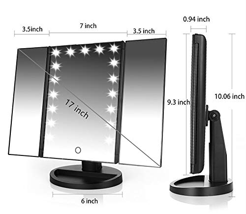 Tri-fold Lighted Vanity Makeup Mirror w/ 3x/2x Magnification, Touch Screen &180 Degree Free Rotation