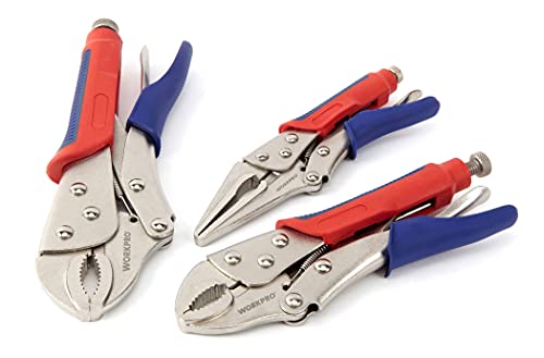 3-piece Locking Pliers Set, 10-inch Curved Jaw, 7-inch Curved Jaw & 6-1/2-inch Straight Jaw