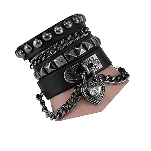 Multilayer Black Leather Cuff Heart Pendant Bracelet for Men/Women