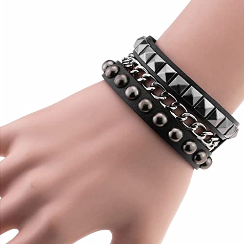 Multilayer Black Leather Cuff Heart Pendant Bracelet for Men/Women