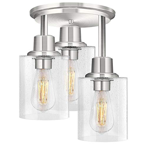 Semi Flush Mount Ceiling 3-Light Fixtures, w/ Clear Seeded Glass Shade