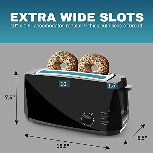 4 Slice Long Slot Toaster, Reheat, 6 Toast Settings, Defrost, Cancel Functions