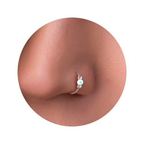 Tiny White Opal Nose Ring – Thin 24 Gauge 7mm nose piercing hoop - 925 sterling silver Nose Hoop