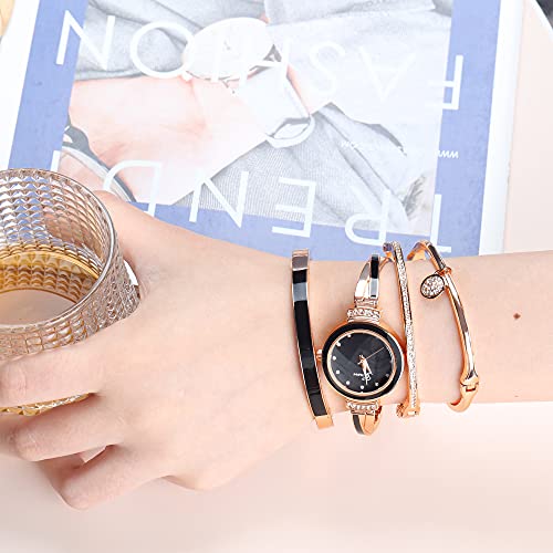 Elegant Rose Gold/Silver Watch & 3 Bracelets Set for Women