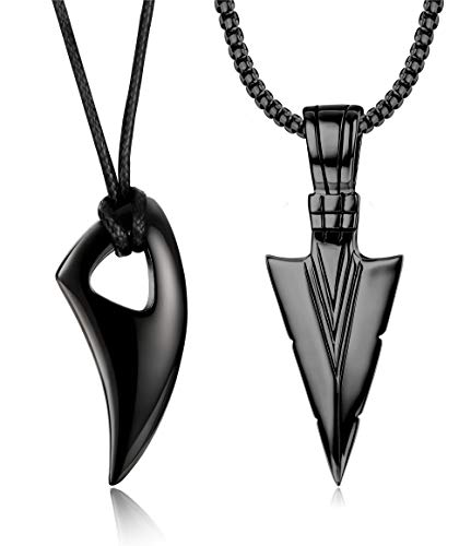 2Pcs Stainless Steel Pendant Necklace for Mens Spearpoint Arrowhead Wolf Teeth Pendant Chain Necklace Set