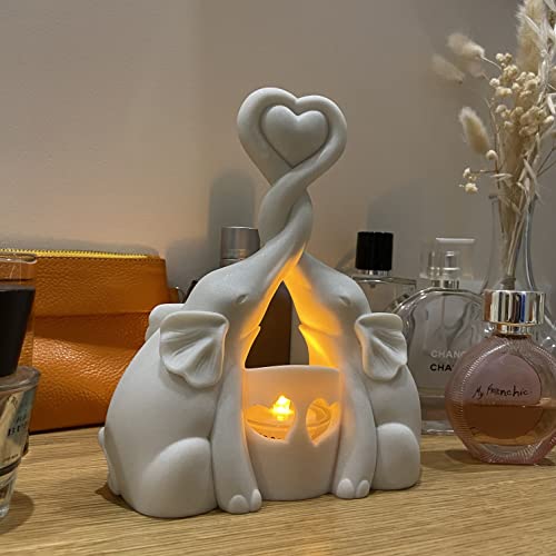 Elephants Love Candle Holder Statue W/ Flickering LED Candle