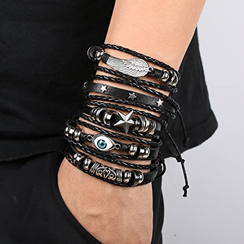 6 Packs Mens Punk Black Leather Bracelets