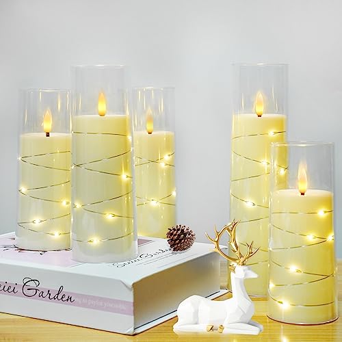 Flameless LED Timer 5 Pc Flickering Flameless Candles for Romantic Ambiance & Home Decoration Durable Acrylic Shell w/  Embedded Star String