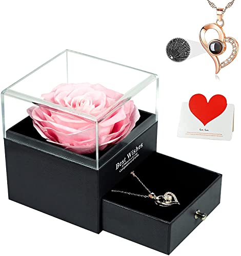 Preserved Rose w/ I Love You Necklace on Mothers Day/Valentines/Birthday