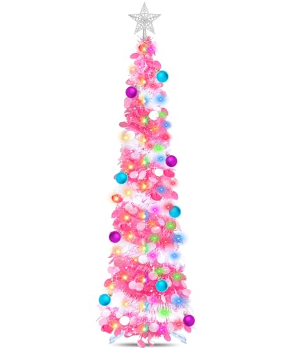 Dual Color Change Lights & Timer - 5 Ft Tinsel Christmas Tree Ball Ornaments Star Pop up Christmas Tree Battery