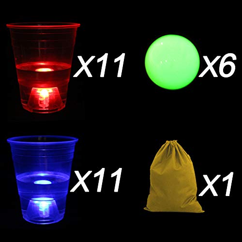 LED Glow-in-The-Dark Beer Pong Party Cup Set, Beer Pong Cups and Balls 22 Set