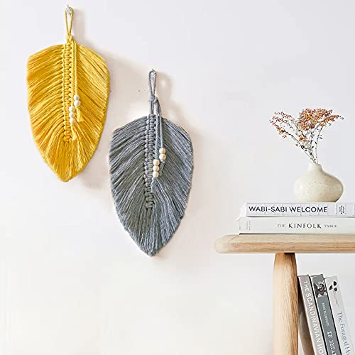 Cotton Macrame Feather Leaf w/  Wooden Beads Wall Decoration