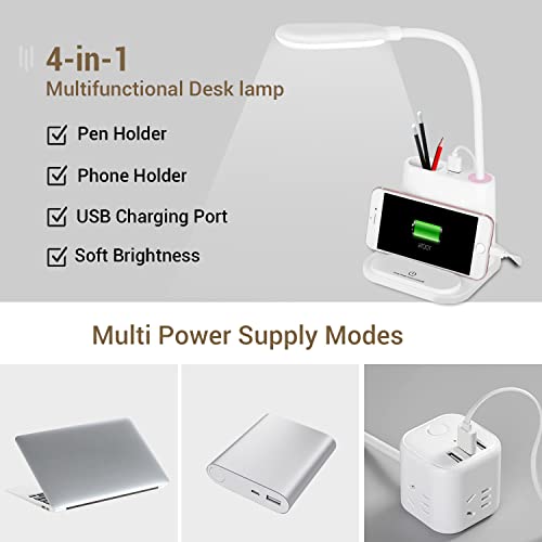 Rechargeable Desk Lamp w/ USB Charging Port, Pen Holder & Phone Holder